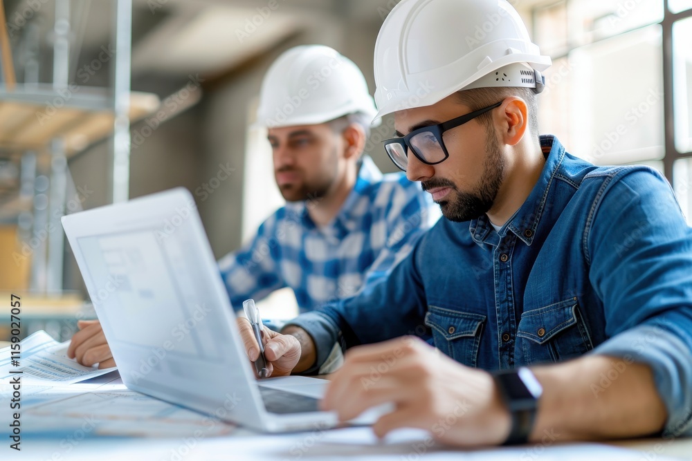 Two construction professionals, wearing helmets, work intently at a laptop and blueprints in a bright, industrial workspace. Two construction professionals, wearing helmets, work intently at a laptop and blueprints in a bright, industrial workspace.