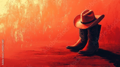 A live country music event or rodeo featuring a backdrop with a cowboy hat and boots, set against a rustic design, highlighting the charm of Western culture and live music in a vibrant