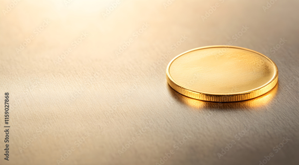 A shiny gold coin resting on a smooth, reflective surface, creating an elegant and minimalist aesthetic. A shiny gold coin resting on a smooth, reflective surface, creating an elegant and minimalist aesthetic.