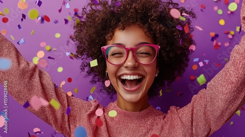 A happy young woman with curly hair and glasses throws her arms up in joy, surrounded by bright confetti on a purple background. 