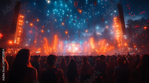 Massive crowd at outdoor music festival with vibrant fireworks and stage lighting. photo