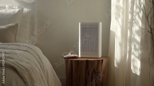 Air purifier on the wooden table in a bedroom. Minimalist bedroom design with air purifier on the wooden table and slippers.