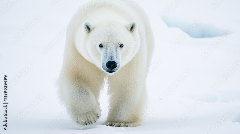 Polar bear walking across snowy terrain, gazing intently under a pale sky. Polar bear walking across snowy terrain, gazing intently under a pale sky.