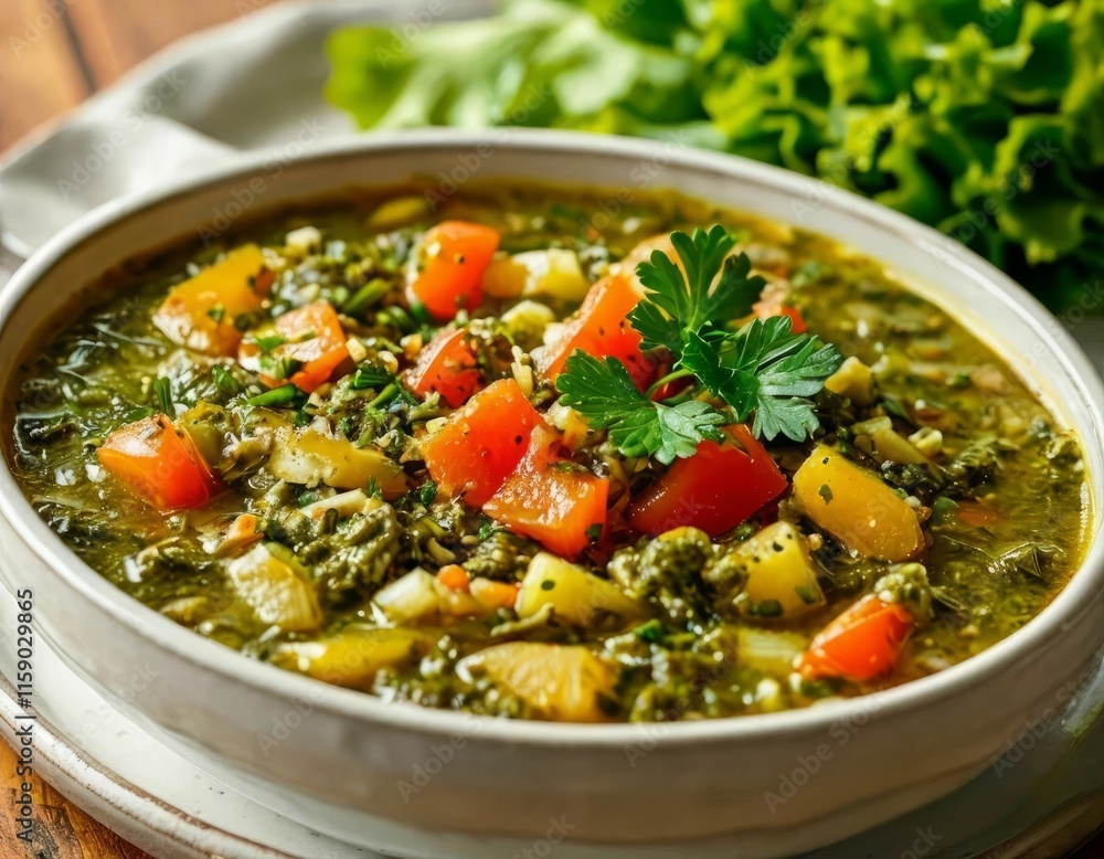 Comforting Kale and Potato Soup: A steaming bowl of wholesome soup with green kale, tender potatoes, and a hint of tomato, perfect for cozy evenings or festive gatherings. Comforting Kale and Potato Soup: A steaming bowl of wholesome soup with green kale, tender potatoes, and a hint of tomato, perfect for cozy evenings or festive gatherings.