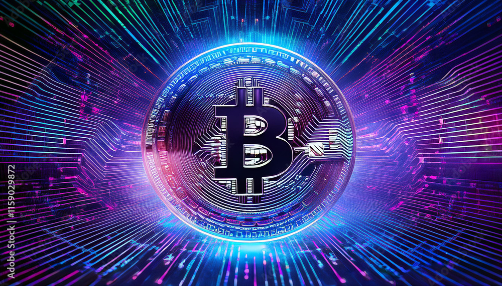 Obraz premium Bitcoin symbol inside digital coin with neon blue and purple light