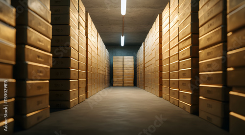 Wallpaper Mural A dimly lit storage area with wooden boxes stacked neatly on either side, creating a sense of depth and organization. Torontodigital.ca