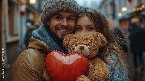 Happy young couple holding balloon shaped heart and teddy bear standing on a street. Valentine's day celebration. HD Resolution  photo