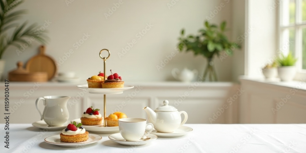 A delightful afternoon tea setting featuring an elegant tiered cake stand with assorted pastries and a teapot, cream pitcher, and teacup on a pristine white tablecloth A delightful afternoon tea setting featuring an elegant tiered cake stand with assorted pastries and a teapot, cream pitcher, and teacup on a pristine white tablecloth