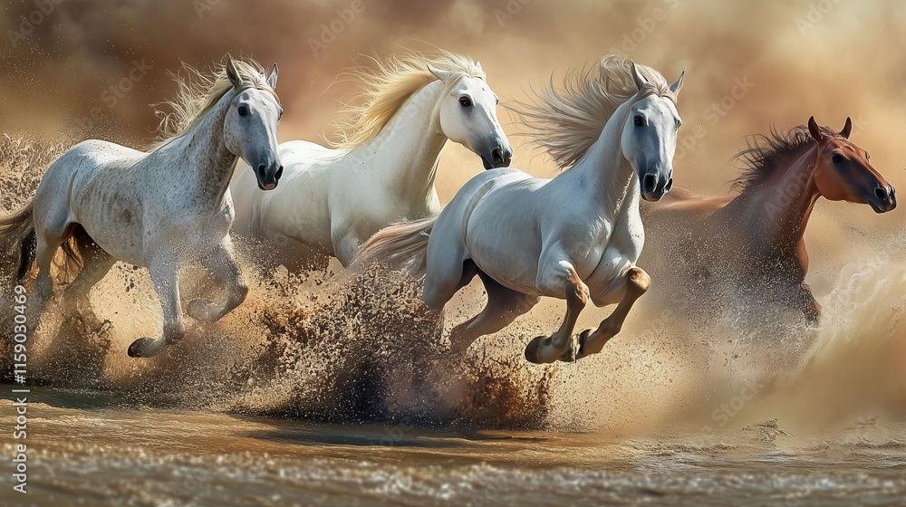 custom made wallpaper toronto digitalHorses galloping through water in a dramatic sandy landscape.