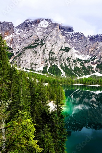 Фотография Beautiful landscape panorama of the Pragser Wildsee, Lake Prags, Lake Braies, Lago di Braies, Pragser Wildsee in the 
Dolomites in South Tyrol, Italy