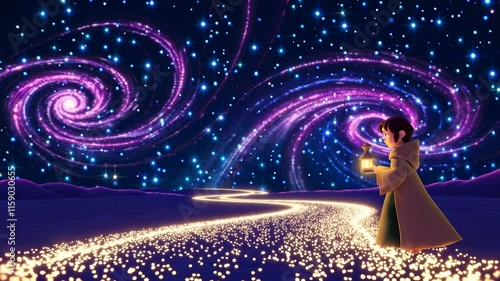 Fantastical Star Formation Scene, Two Characters in Night Landscape with Lantern Lighting, for Artistic and Sci-fi Compositions photo