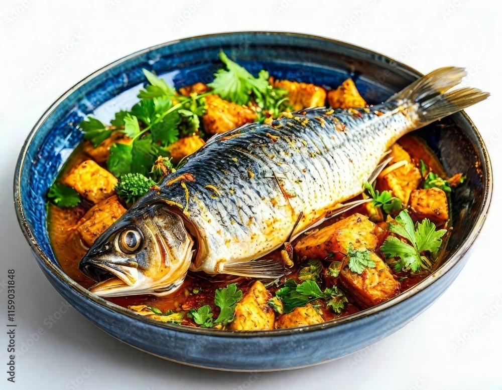 Baramundi, on a blue plate