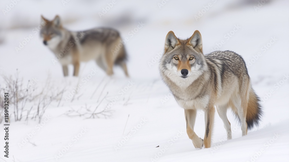 Pair of wolves in snowy landscape, one looking directly at the camera. Pair of wolves in snowy landscape, one looking directly at the camera.