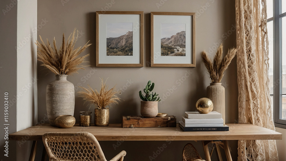 Mockup picture frames, a wooden desk, beige macrame, and exquisite accessories adorn this chic and contemporary bohemian living room. Create a home accent. The idea of bohemia. Ready-to-use model Mockup picture frames, a wooden desk, beige macrame, and exquisite accessories adorn this chic and contemporary bohemian living room. Create a home accent. The idea of bohemia. Ready-to-use model