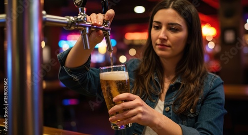 Woman pouring a glass of beer at a bar photo