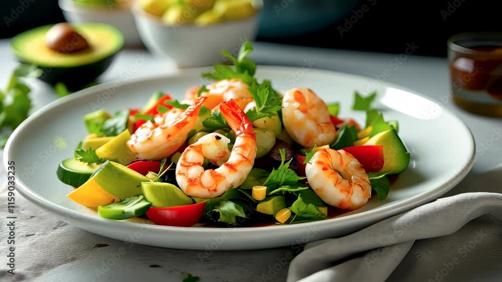 A fresh salad topped with perfectly cooked shrimp, vibrant greens, and a touch of culinary elegance A fresh salad topped with perfectly cooked shrimp, vibrant greens, and a touch of culinary elegance