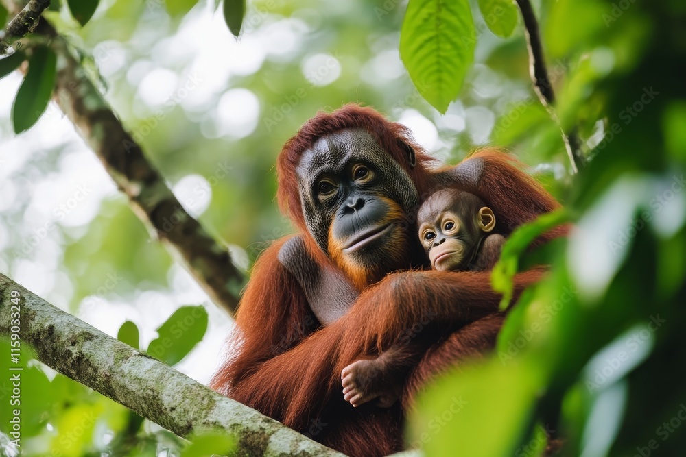 Fototapeta premium Bornean Orangutan Mother and Baby in Lush Rainforest