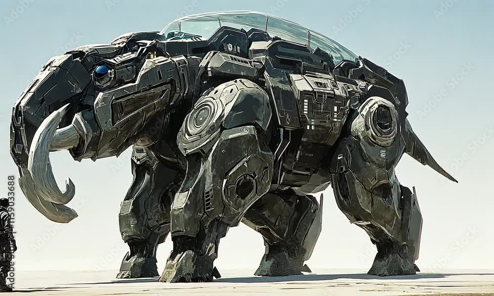 A soldier observes a colossal mechanized elephant, a futuristic war machine. A soldier observes a colossal mechanized elephant, a futuristic war machine.