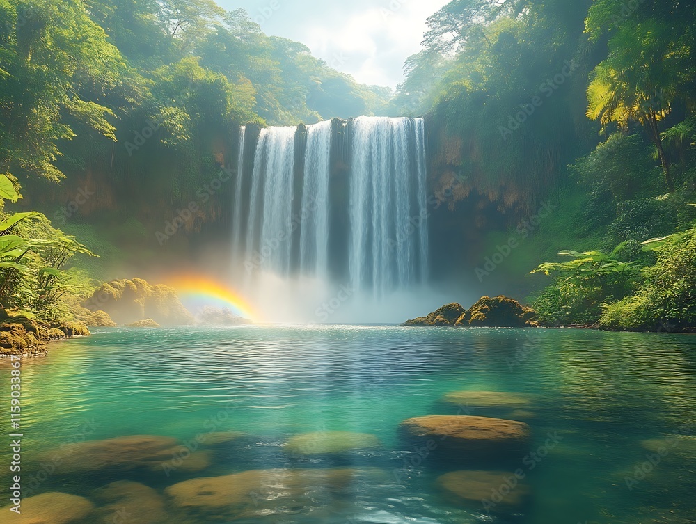 Serene waterfall cascading into a tranquil pool, with a rainbow. Serene waterfall cascading into a tranquil pool, with a rainbow.