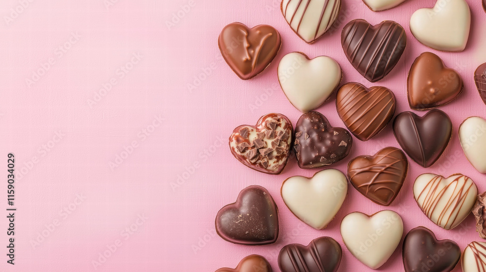 Fototapeta premium Valentine's chocolate & rose love heart. Assorted heart-shaped chocolates on a pink background.