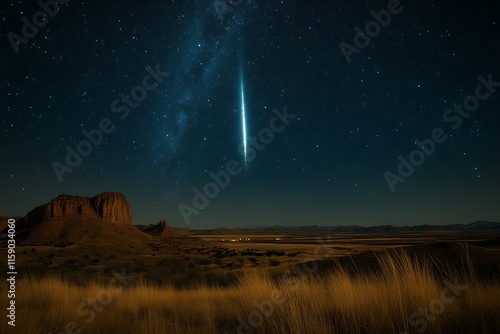 Meteor shower over desert landscape at night. photo