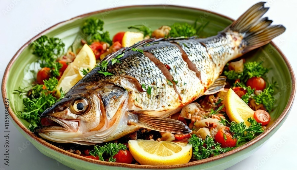 Baramundi, on a green plate Baramundi, on a green plate