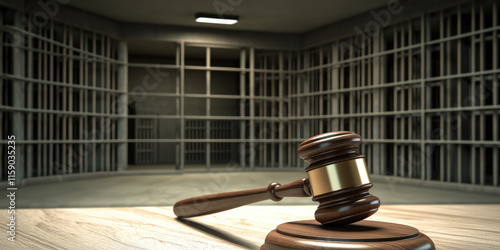 Concept of verdict of prosecution for life sentence. Judge wooden gavel hits the round block. Empty prison cell in background. Justice, judgment, punishment, guilt. 
