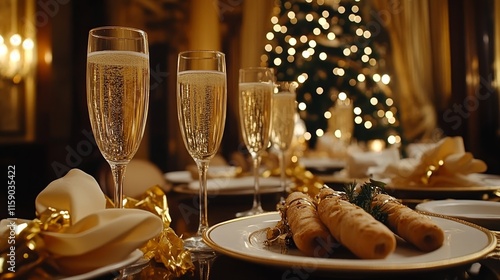Elegant holiday dinner with champagne and festive decorations