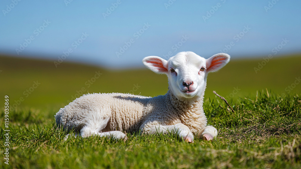 Obraz premium White lamb resting in lush green field under clear sky