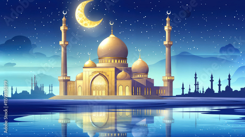 Illustration of mosque at night, with a crescent moon and stars in the sky.