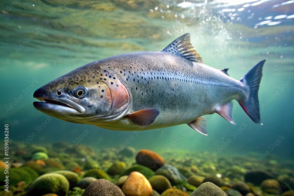 Naklejka premium Underwater shot of a large trout swimming over a rocky riverbed.