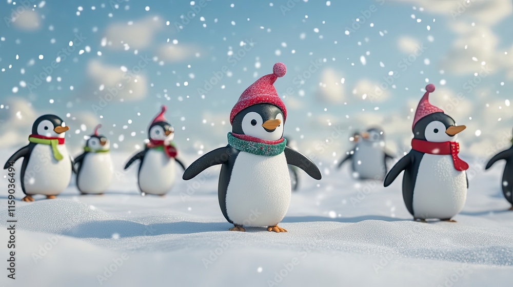 A group of penguins waddling across a snowy landscape, with colorful scarves and hats adding a playful holiday touch. A group of penguins waddling across a snowy landscape, with colorful scarves and hats adding a playful holiday touch.