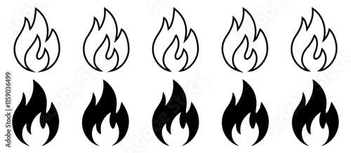 Fire Flame Icon Set Collection on white background.