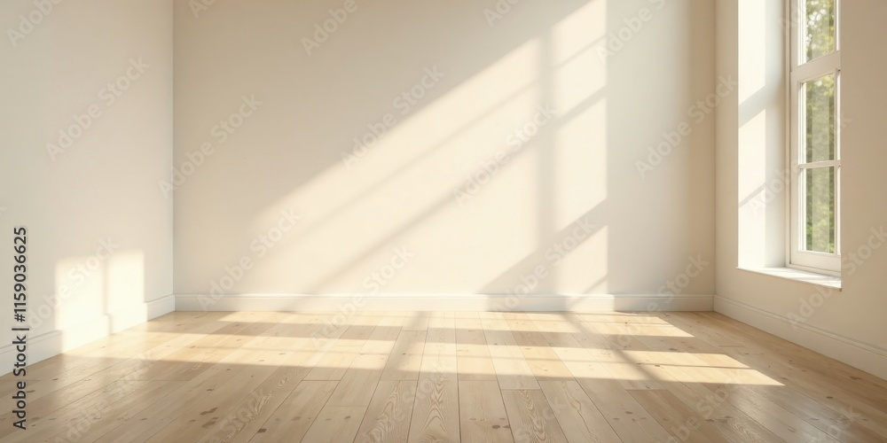 Fototapeta premium Sunlight Illuminates Empty Room with Hardwood Floor and Single Window Featuring Light Beige Walls