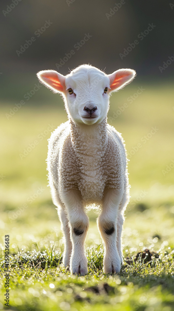White lamb standing in a dew-covered green pasture White lamb standing in a dew-covered green pasture