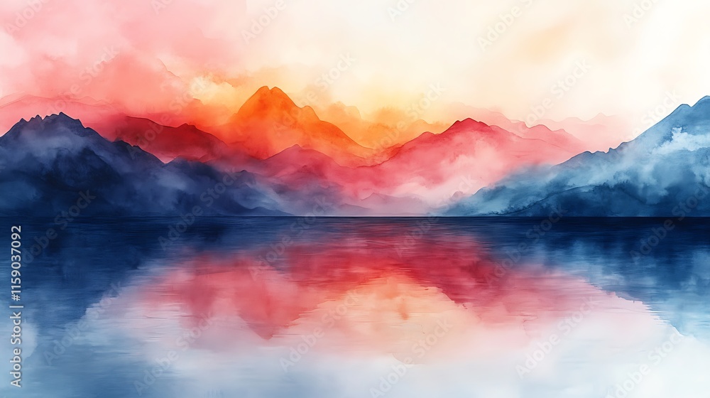 Fototapeta premium Serene Watercolor Mountainscape Reflecting In Calm Water