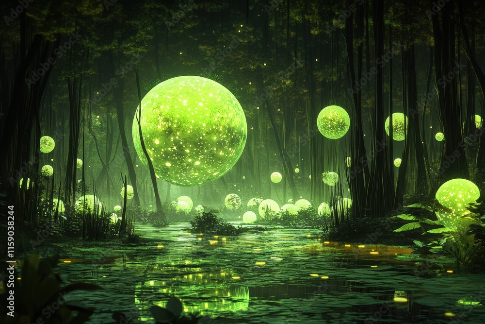 Obraz premium Enchanting Green Forest With Glowing Orbs
