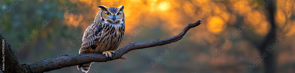 Fototapeta premium Wise owl perched on a tree branch during twilight