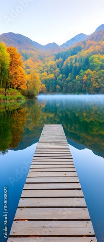 Wallpaper Mural Wooden dock extending to tranquil lake reflecting autumn foliage and mountains. Torontodigital.ca