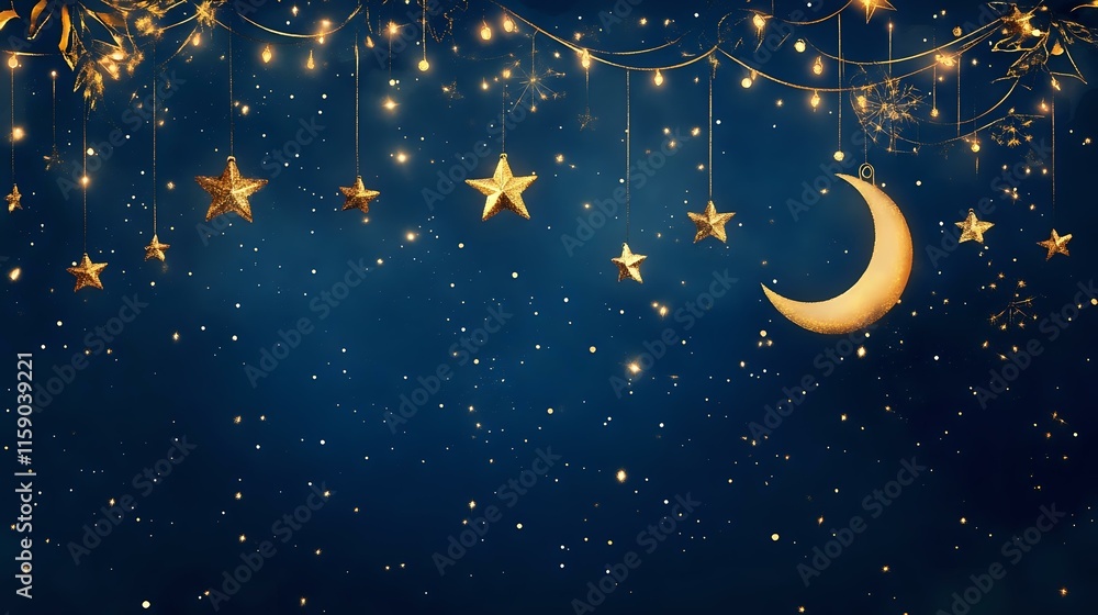 Fototapeta premium Magical Christmas and New Year banner with glowing stars, moonlight and festive wishes on a deep midnight blue background with golden typography