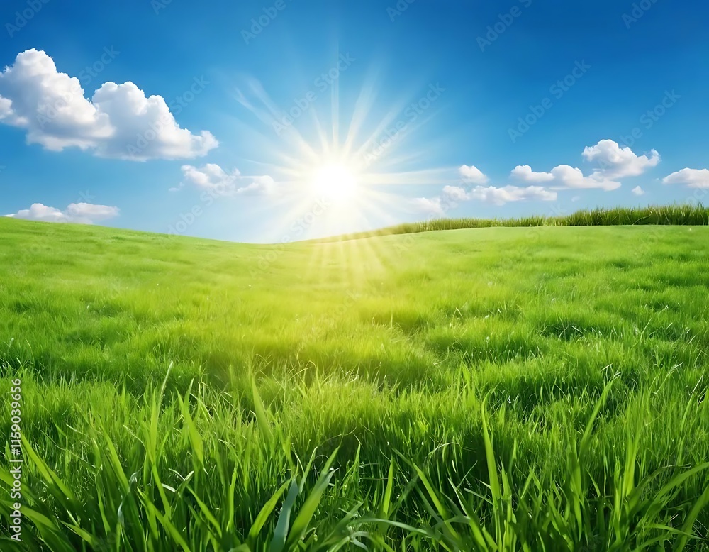 Sunny Day Lush Green Field Rolling Hills Blue Sky Sunny Day Lush Green Field Rolling Hills Blue Sky