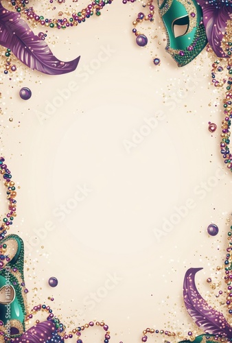 Colorful Mardi Gras Mask and Feather Frame with Beads and Glitter, Perfect for Celebratory Occasions, Parties, and Festive Events, Ideal for Invitations or Backgrounds