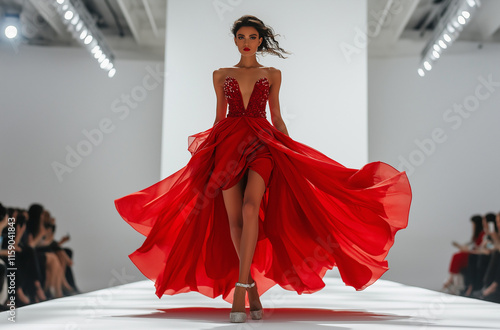 A model in a flowing red, embellished gown walks a runway. The dress is long and dramatic, with a high slit. The models hair is styled in loose waves, and her makeup is glamorous.