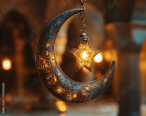 Illuminated crescent moon and star hanging ornament. (5) photo