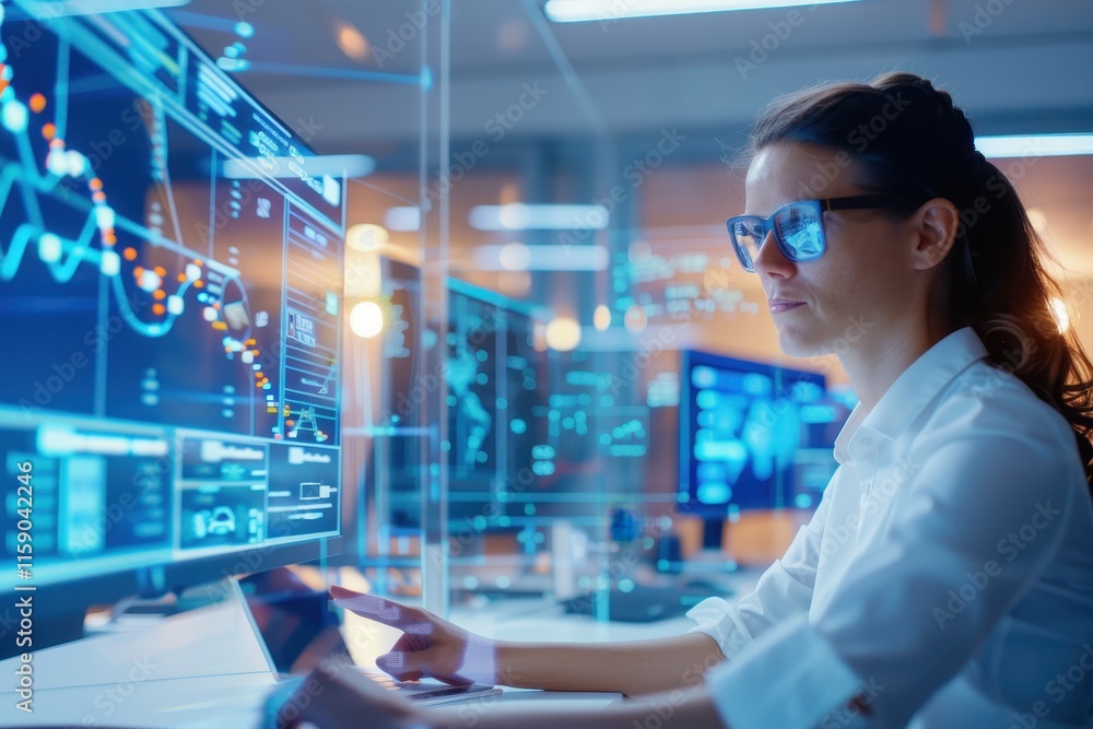 A woman analyzes data on digital screens, wearing glasses, in a modern tech environment focused on analytics and information processing. A woman analyzes data on digital screens, wearing glasses, in a modern tech environment focused on analytics and information processing.