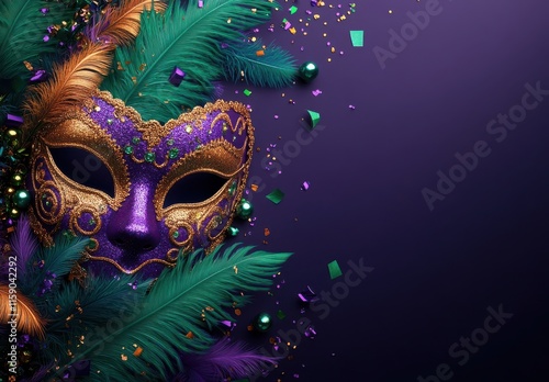 Colorful Mardi Gras Mask Surrounded by Vibrant Feathers and Confetti on a Deep Purple Background, Perfect for Celebrations and Festive Events photo