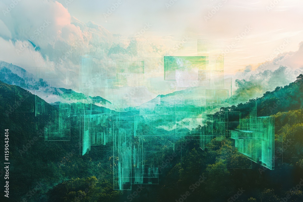 Obraz premium Abstract Digital Overlay on Mountain Landscape
