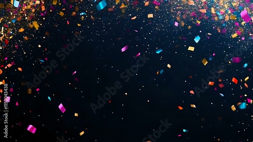 Vibrant Christmas and New Year banner with colorful confetti and champagne glasses on a sleek black background with soft golden sparkles