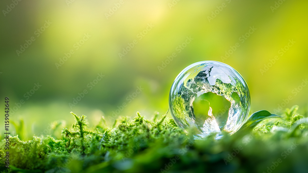 A crystal-clear sphere reflecting the Earth rests on vibrant green moss, symbolizing nature's beauty and environmental awareness. A crystal-clear sphere reflecting the Earth rests on vibrant green moss, symbolizing nature's beauty and environmental awareness.