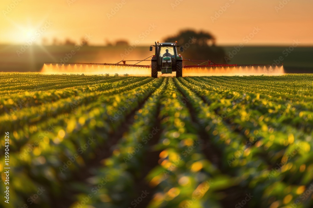 Tractor spraying crops in a lush green cornfield at sunset, with golden light illuminating the mist Tractor spraying crops in a lush green cornfield at sunset, with golden light illuminating the mist